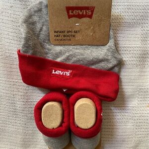 Levi's Baby Hat and Booties Set - Red and Gray